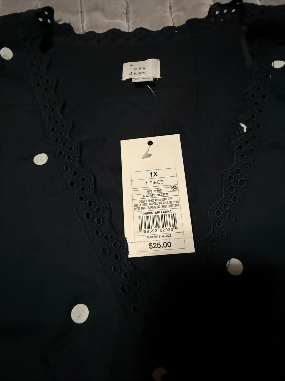 A New Day Black Polka Dot Eyelet V-Neck Blouse - 1X